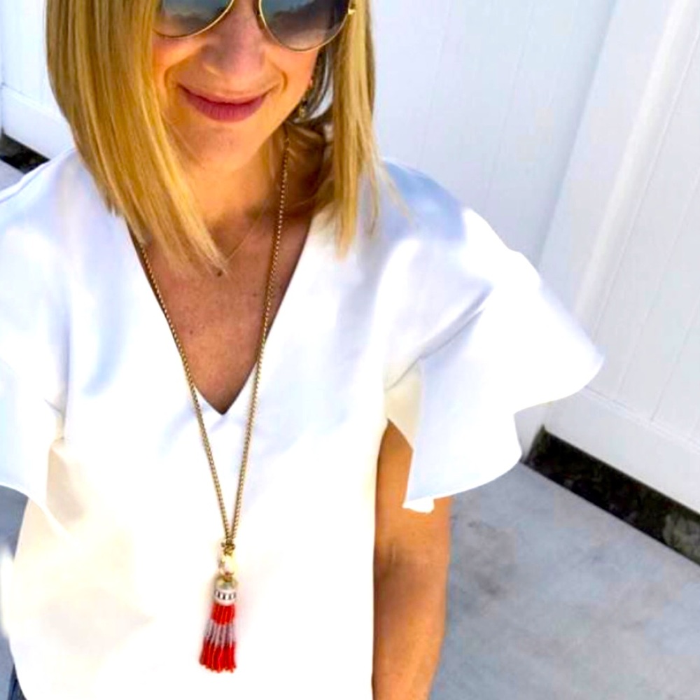Stella & Dot | Retired Coral Red + Gold Beaded Brio Tassel Necklace - Picture 5 of 12